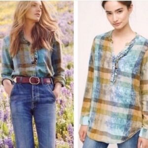 Anthropologie Isabella Sinclair Plaid Shirt With Ruffle Size XS